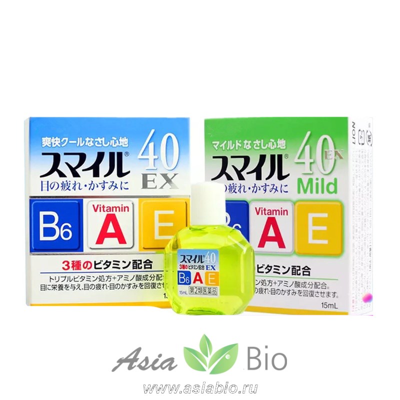 Японские глазные капли с витаминами Lion Smile 40 EX "Охлаждающие капли" с витаминами A, E и B6 (зеленые)  -  улучшающие ясность зрения
